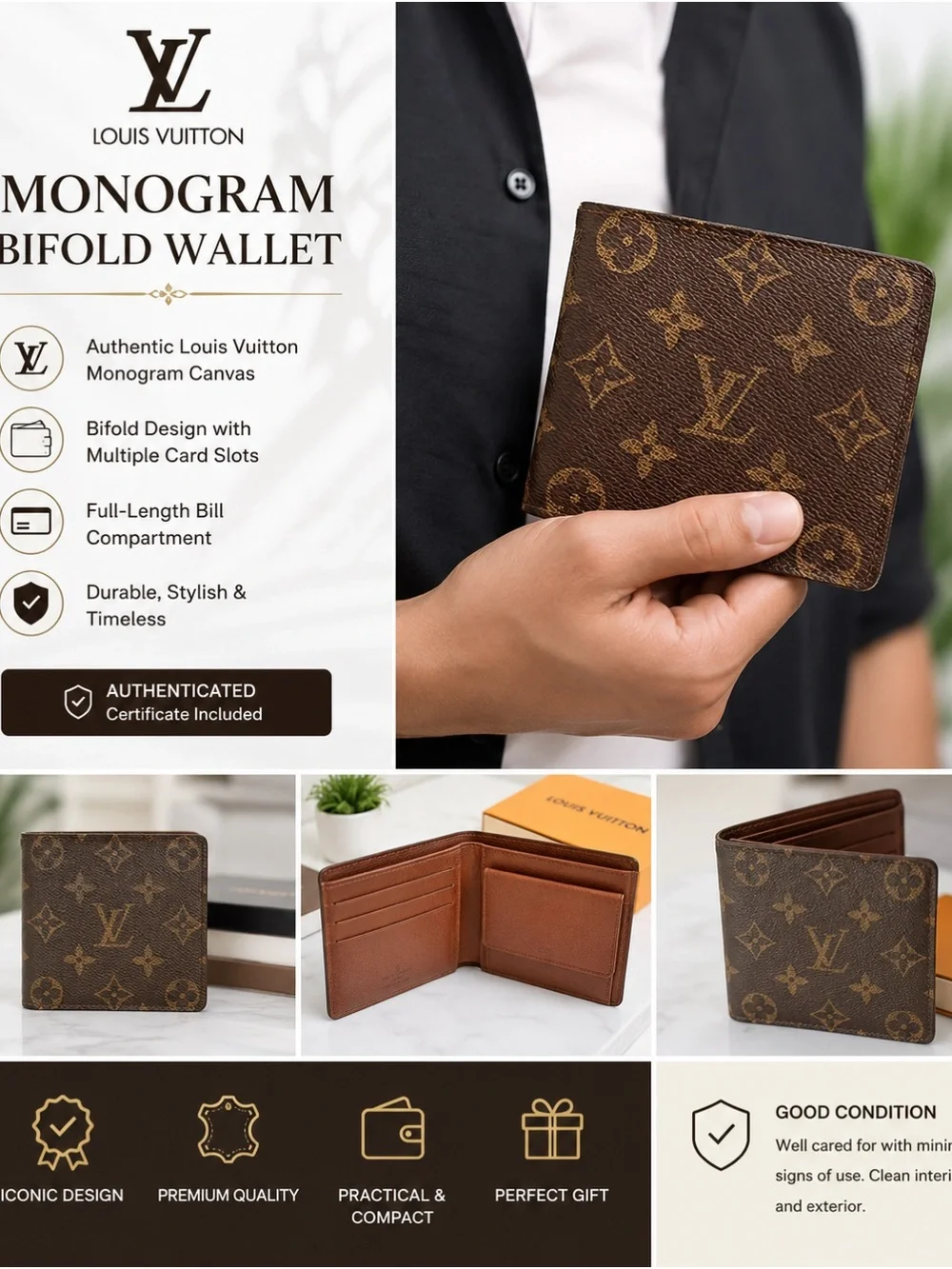 Louis Vuitton Monogram Canvas Bifold Wallet in Brown and Tan